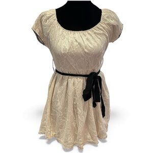 vintage cream lace floral baby doll tie mini dress xs